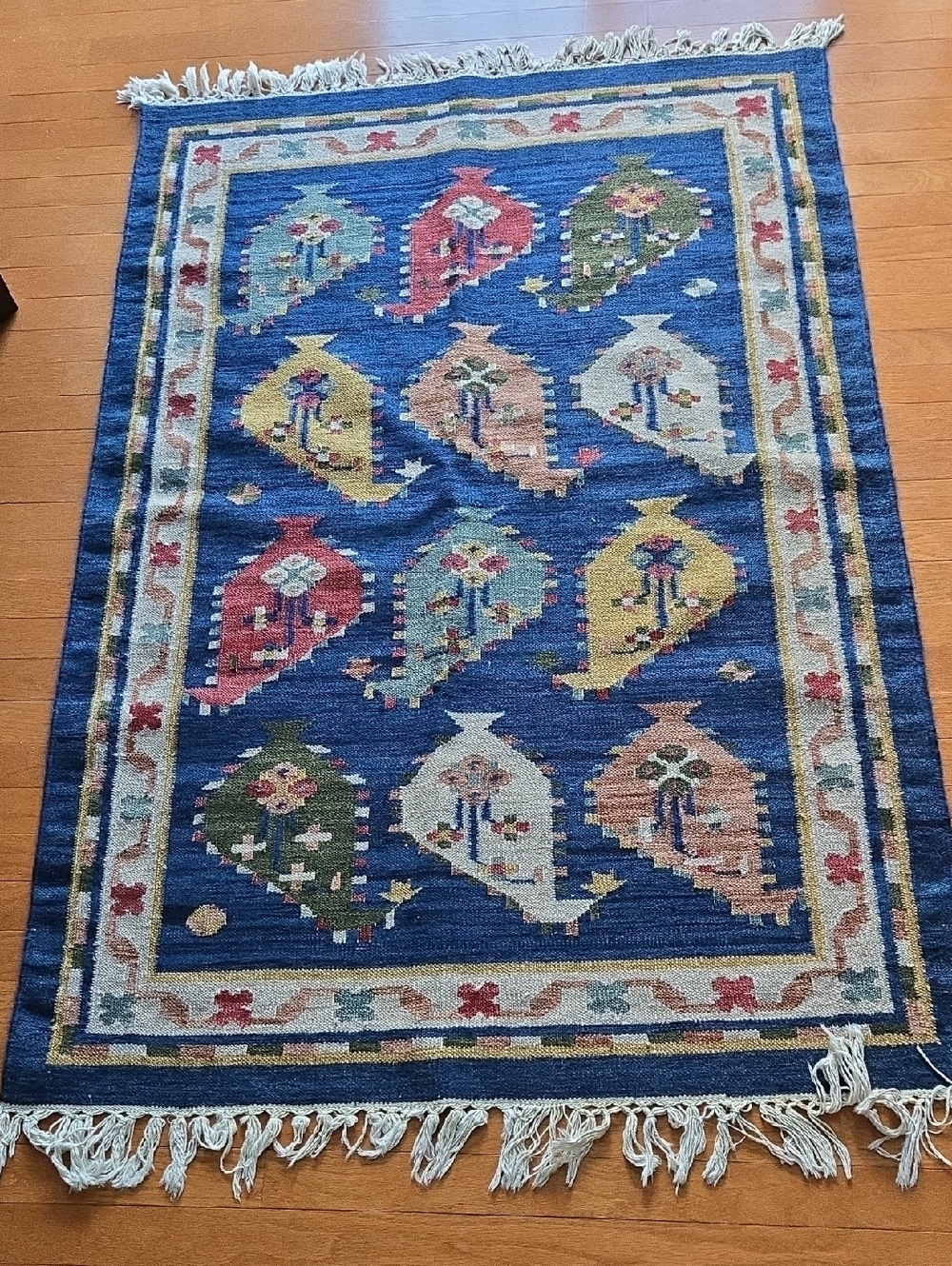 Handwoven Dhurri from India WoolBlue Area Rug  (40x60)with Multicolor Motif. NEW